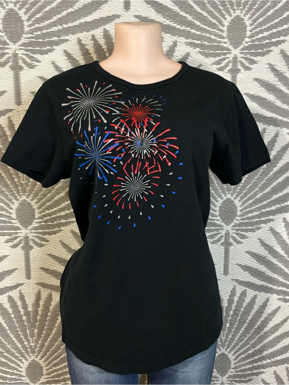 Fireworks Graphic Tee XL Patriotic USA Black Cotton 4th of July